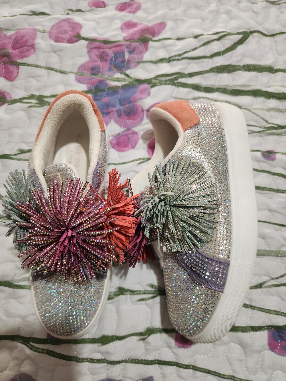 Kurt Geiger Laney Fringe Girls' Glitter Slip-On Sneakers with Multi-Color Poms